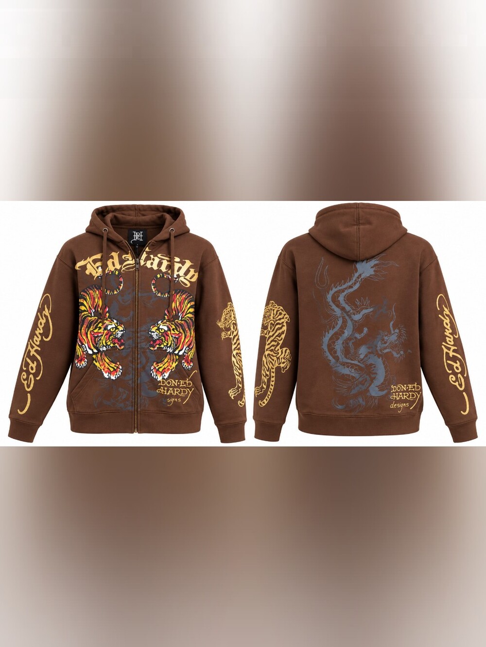 Ed Hardy tiger printed gold inscription and tiger sleeves brown hoodie size S
